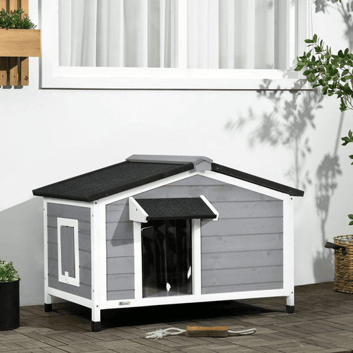PawHut Casa para Cães de Madeira 97x72x65 cm Casa para Animais de Estimação com Teto Asfáltico 2 Janelas Porta com Cortina e Base Amovível Cinza