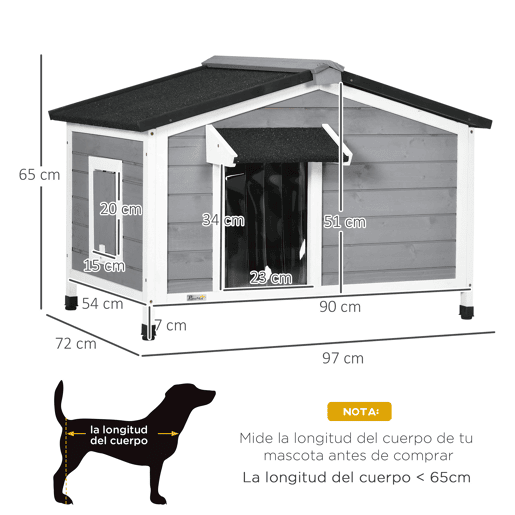 PawHut Casa para Cães de Madeira 97x72x65 cm Casa para Animais de Estimação com Teto Asfáltico 2 Janelas Porta com Cortina e Base Amovível Cinza