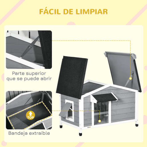PawHut Casa para Cães de Madeira 97x72x65 cm Casa para Animais de Estimação com Teto Asfáltico 2 Janelas Porta com Cortina e Base Amovível Cinza
