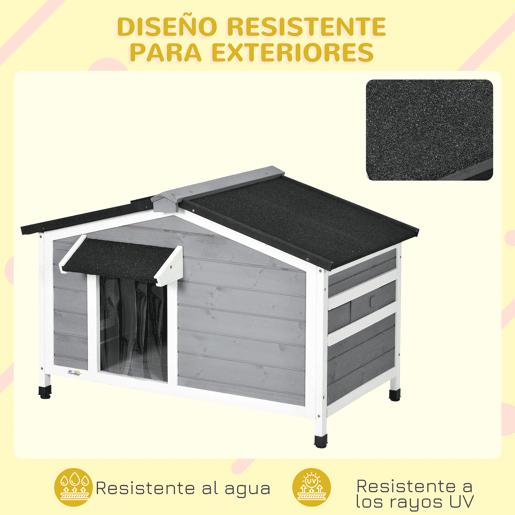 PawHut Casa para Cães de Madeira 97x72x65 cm Casa para Animais de Estimação com Teto Asfáltico 2 Janelas Porta com Cortina e Base Amovível Cinza