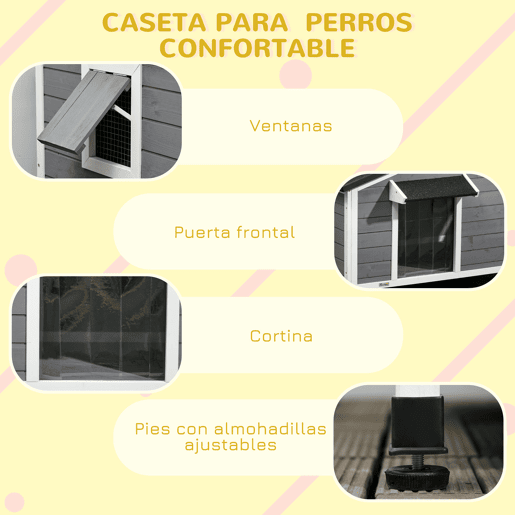 PawHut Casa para Cães de Madeira 97x72x65 cm Casa para Animais de Estimação com Teto Asfáltico 2 Janelas Porta com Cortina e Base Amovível Cinza