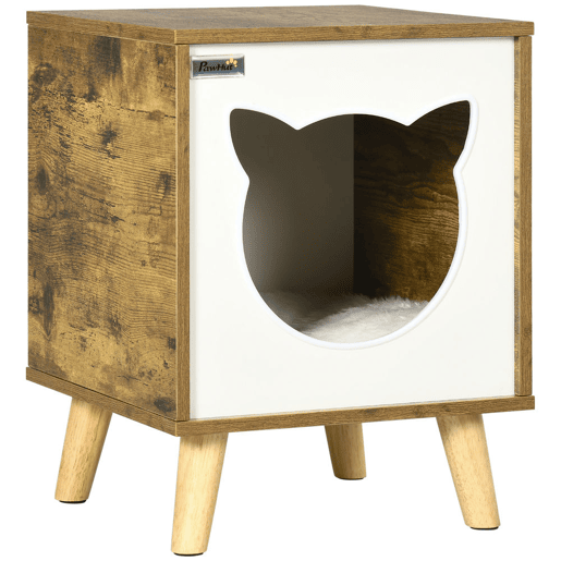 PawHut Casa de Madeira para Gatos Casa para Gatos Interior Caverna para Gatos com Almofada Lavável e Pés Elevados 34x34x44, cm Marrom