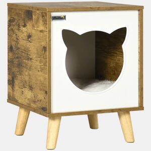 PawHut Casa de Madeira para Gatos Casa para Gatos Interior Caverna para Gatos com Almofada Lavável e Pés Elevados 34x34x44, cm Marrom