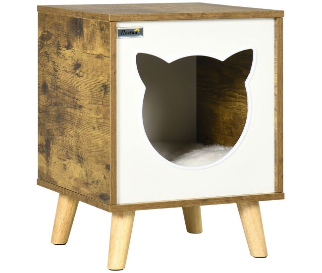 Pawhut caseta de madera para gatos casa para gatos interior cuerva de gatos con cojín lavable y patas elevadas 34x34x44,5 cm marrón
