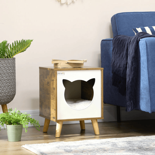 PawHut Casa de Madeira para Gatos Casa para Gatos Interior Caverna para Gatos com Almofada Lavável e Pés Elevados 34x34x44, cm Marrom