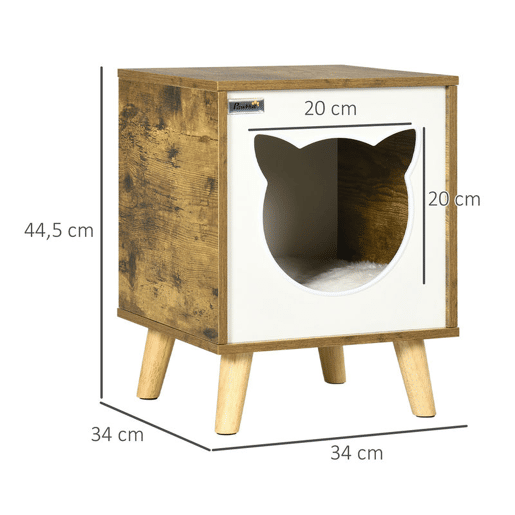 PawHut Casa de Madeira para Gatos Casa para Gatos Interior Caverna para Gatos com Almofada Lavável e Pés Elevados 34x34x44, cm Marrom