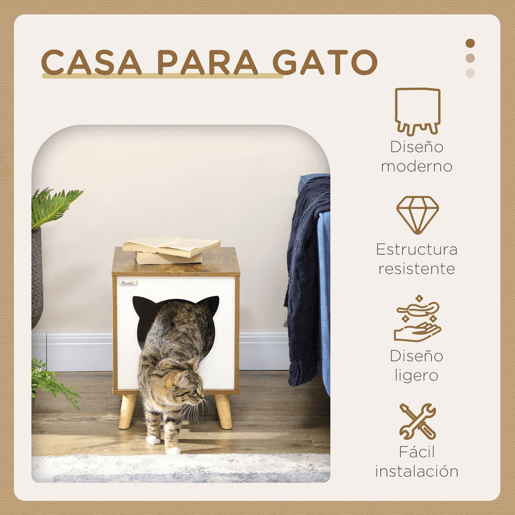 PawHut Casa de Madeira para Gatos Casa para Gatos Interior Caverna para Gatos com Almofada Lavável e Pés Elevados 34x34x44, cm Marrom