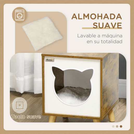 PawHut Casa de Madeira para Gatos Casa para Gatos Interior Caverna para Gatos com Almofada Lavável e Pés Elevados 34x34x44, cm Marrom