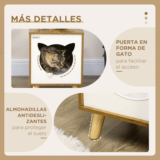 PawHut Casa de Madeira para Gatos Casa para Gatos Interior Caverna para Gatos com Almofada Lavável e Pés Elevados 34x34x44, cm Marrom