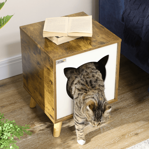 PawHut Casa de Madeira para Gatos Casa para Gatos Interior Caverna para Gatos com Almofada Lavável e Pés Elevados 34x34x44, cm Marrom