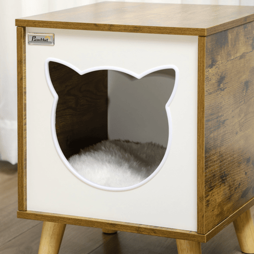PawHut Casa de Madeira para Gatos Casa para Gatos Interior Caverna para Gatos com Almofada Lavável e Pés Elevados 34x34x44, cm Marrom