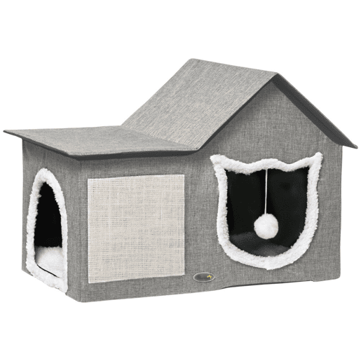 PawHut Casa para Gatos Cama para Gatos Interior com Almofada para Arranhar Almofada Macia e Bola Suspensa 65x41x45,5 cm Cinza