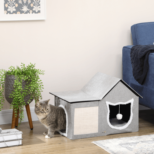 PawHut Casa para Gatos Cama para Gatos Interior com Almofada para Arranhar Almofada Macia e Bola Suspensa 65x41x45,5 cm Cinza
