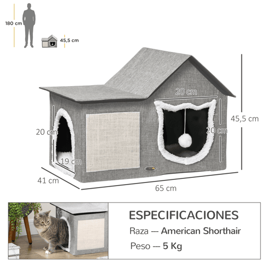 PawHut Casa para Gatos Cama para Gatos Interior com Almofada para Arranhar Almofada Macia e Bola Suspensa 65x41x45,5 cm Cinza