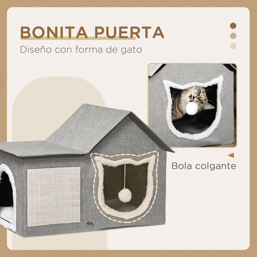 PawHut Casa para Gatos Cama para Gatos Interior com Almofada para Arranhar Almofada Macia e Bola Suspensa 65x41x45,5 cm Cinza