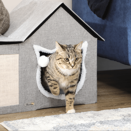 PawHut Casa para Gatos Cama para Gatos Interior com Almofada para Arranhar Almofada Macia e Bola Suspensa 65x41x45,5 cm Cinza