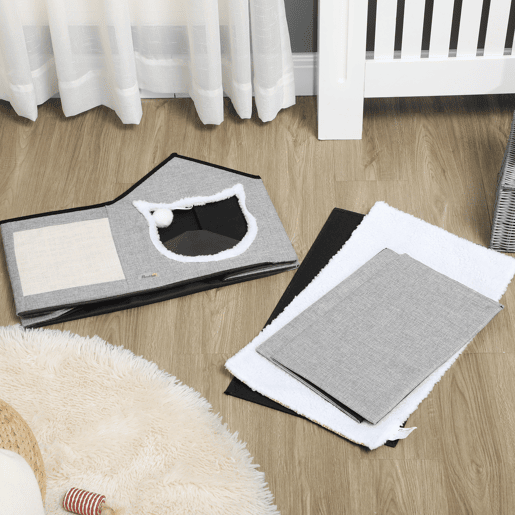 PawHut Casa para Gatos Cama para Gatos Interior com Almofada para Arranhar Almofada Macia e Bola Suspensa 65x41x45,5 cm Cinza