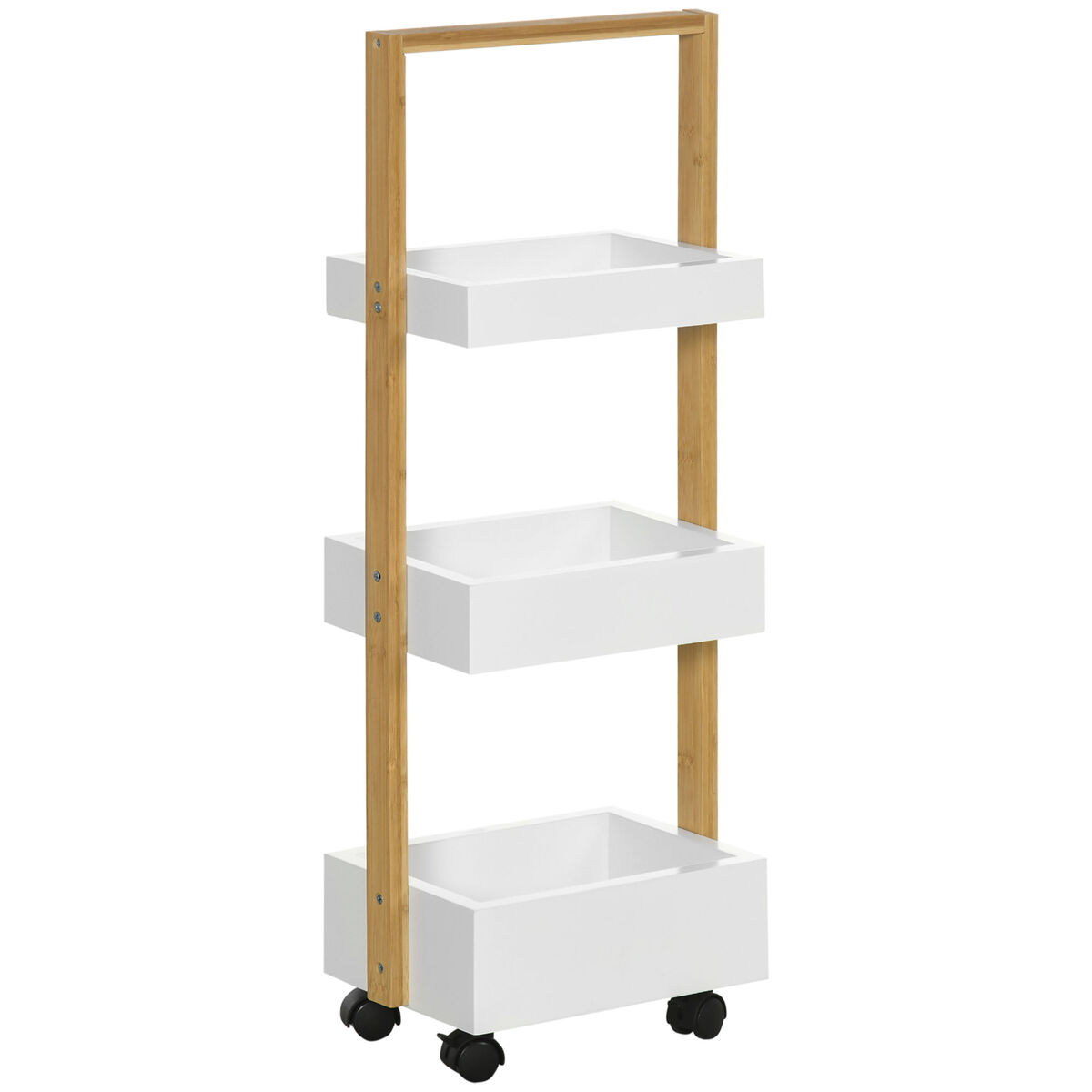 Homcom carrito de almacenamiento de bambú carrito auxiliar con ruedas carrito de cocina con 3 cestas y asa para salón baño 28x18x75 cm blanco y natural