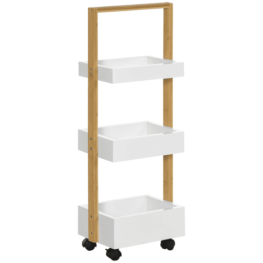 HOMCOM Carrinho de Armazenamento Estreito em Bambu com Rodas, Auxiliar de Cozinha com 3 Cestos e Pega para Sala de Estar ou Casa de Banho 28x18x75 cm Branco e Natural