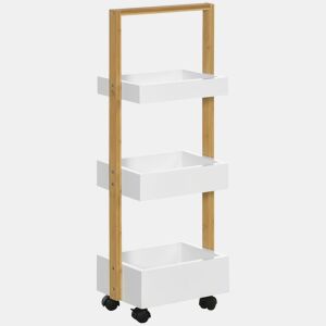 HOMCOM Carrinho de Armazenamento Estreito em Bambu com Rodas, Auxiliar de Cozinha com 3 Cestos e Pega para Sala de Estar ou Casa de Banho 28x18x75 cm Branco e Natural