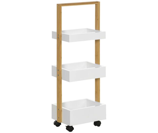 Homcom carrito de almacenamiento de bambú delgado carrito auxiliar con ruedas carrito de cocina con 3 cestas y asa para salón baño 28x18x75 cm blanco