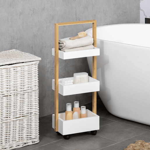 HOMCOM Carrinho de Armazenamento Estreito em Bambu com Rodas, Auxiliar de Cozinha com 3 Cestos e Pega para Sala de Estar ou Casa de Banho 28x18x75 cm Branco e Natural