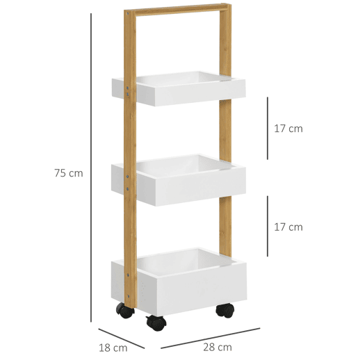 HOMCOM Carrinho de Armazenamento Estreito em Bambu com Rodas, Auxiliar de Cozinha com 3 Cestos e Pega para Sala de Estar ou Casa de Banho 28x18x75 cm Branco e Natural
