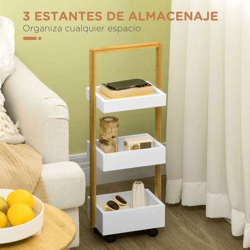 HOMCOM Carrinho de Armazenamento Estreito em Bambu com Rodas, Auxiliar de Cozinha com 3 Cestos e Pega para Sala de Estar ou Casa de Banho 28x18x75 cm Branco e Natural