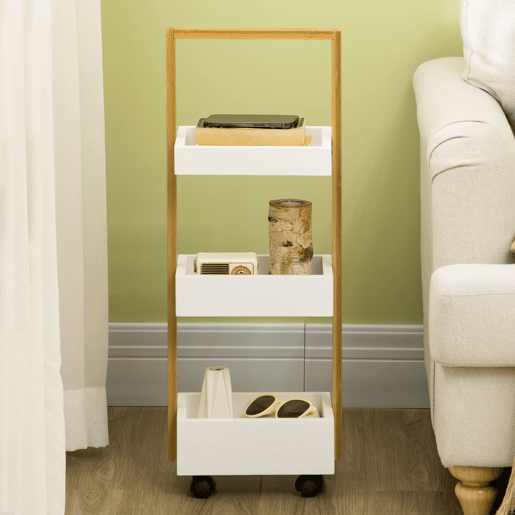 HOMCOM Carrinho de Armazenamento Estreito em Bambu com Rodas, Auxiliar de Cozinha com 3 Cestos e Pega para Sala de Estar ou Casa de Banho 28x18x75 cm Branco e Natural