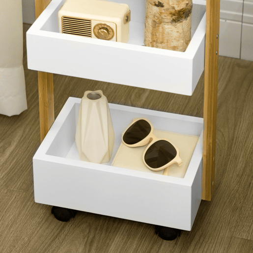 HOMCOM Carrinho de Armazenamento Estreito em Bambu com Rodas, Auxiliar de Cozinha com 3 Cestos e Pega para Sala de Estar ou Casa de Banho 28x18x75 cm Branco e Natural