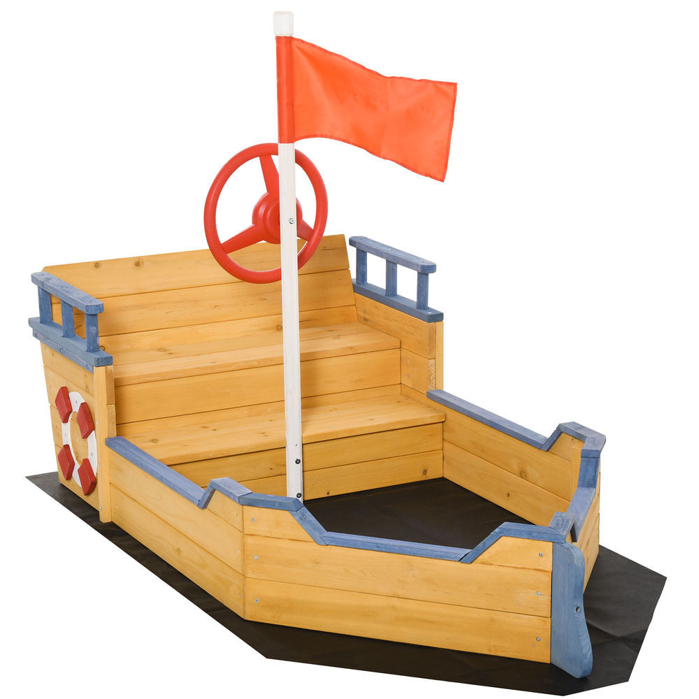 Outsunny arenero infantil de madera diseño de galeón con 2 escalones banco con almacenaje bandera y timón cajón de arena de jardín para niños de +3 años 158x78x45,5 cm natural