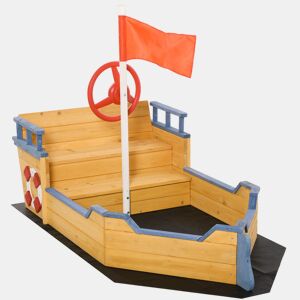 Outsunny Caixa de Areia Infantil de Madeira Desenho de Galeão com Assento 2 Degraus Bandeira Vermelha e Leme Caixa de Areia de Jardim para Crianças acima de 3 Anos 158x78x45,5cm Natural