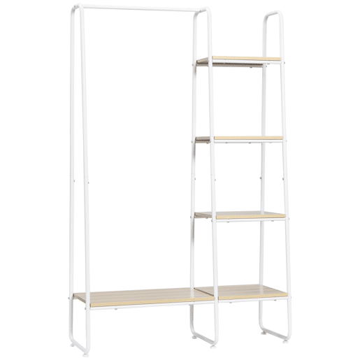 HOMCOM Suporte para Cabides Charriot de Madeira com 4 Prateleiras de Armazenamento e Barra de Pendurar para Dormitório Sala de Estar Entrada Estilo Industrial 101x39x160cm Madeira e Branco HOMCOM Suporte para Cabides Charriot de Madeira com 4 Prateleiras de Armazenamento e Barra de Pendurar para Dormitório Sala de Estar Entrada Estilo Industrial 101x39x160cm Madeira e Branco