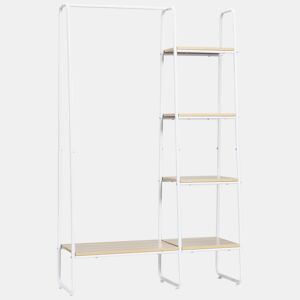 HOMCOM Suporte para Cabides Charriot de Madeira com 4 Prateleiras de Armazenamento e Barra de Pendurar para Dormitório Sala de Estar Entrada Estilo Industrial 101x39x160cm Madeira e Branco