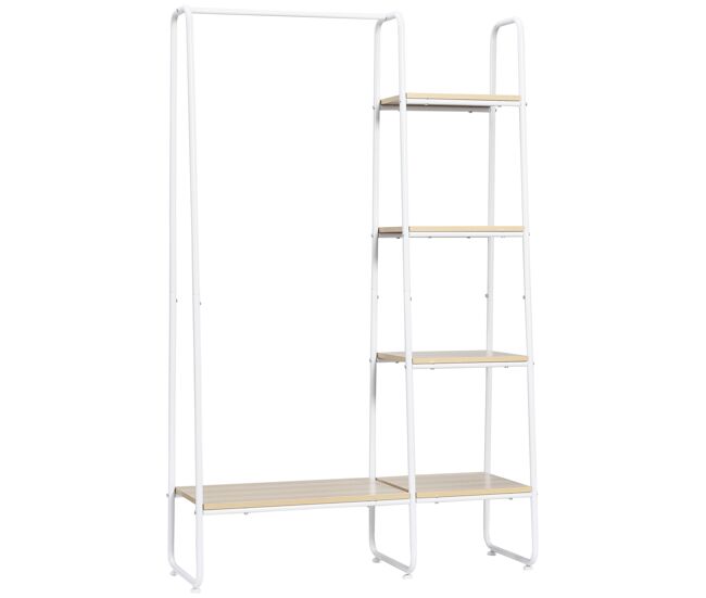 Homcom perchero de ropa de madera perchero multiusos con 5 estantes de almacenaje y barra para colgar para dormitorio salón entrada estilo industrial 101x39x160 cm natural