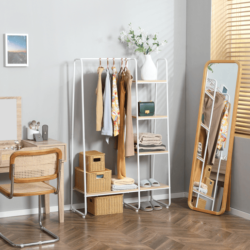 HOMCOM Suporte para Cabides Charriot de Madeira com 4 Prateleiras de Armazenamento e Barra de Pendurar para Dormitório Sala de Estar Entrada Estilo Industrial 101x39x160cm Madeira e Branco HOMCOM Suporte para Cabides Charriot de Madeira com 4 Prateleiras de Armazenamento e Barra de Pendurar para Dormitório Sala de Estar Entrada Estilo Industrial 101x39x160cm Madeira e Branco