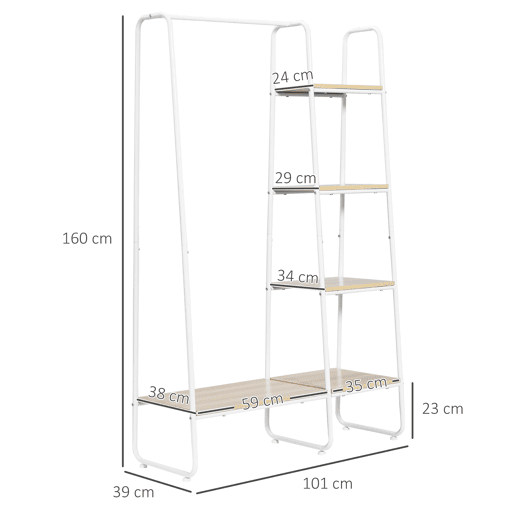 HOMCOM Suporte para Cabides Charriot de Madeira com 4 Prateleiras de Armazenamento e Barra de Pendurar para Dormitório Sala de Estar Entrada Estilo Industrial 101x39x160cm Madeira e Branco HOMCOM Suporte para Cabides Charriot de Madeira com 4 Prateleiras de Armazenamento e Barra de Pendurar para Dormitório Sala de Estar Entrada Estilo Industrial 101x39x160cm Madeira e Branco