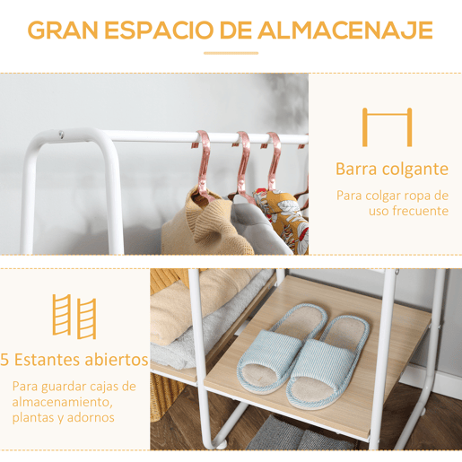 HOMCOM Suporte para Cabides Charriot de Madeira com 4 Prateleiras de Armazenamento e Barra de Pendurar para Dormitório Sala de Estar Entrada Estilo Industrial 101x39x160cm Madeira e Branco HOMCOM Suporte para Cabides Charriot de Madeira com 4 Prateleiras de Armazenamento e Barra de Pendurar para Dormitório Sala de Estar Entrada Estilo Industrial 101x39x160cm Madeira e Branco
