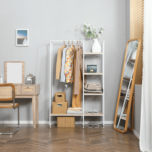 HOMCOM Suporte para Cabides Charriot de Madeira com 4 Prateleiras de Armazenamento e Barra de Pendurar para Dormitório Sala de Estar Entrada Estilo Industrial 101x39x160cm Madeira e Branco HOMCOM Suporte para Cabides Charriot de Madeira com 4 Prateleiras de Armazenamento e Barra de Pendurar para Dormitório Sala de Estar Entrada Estilo Industrial 101x39x160cm Madeira e Branco