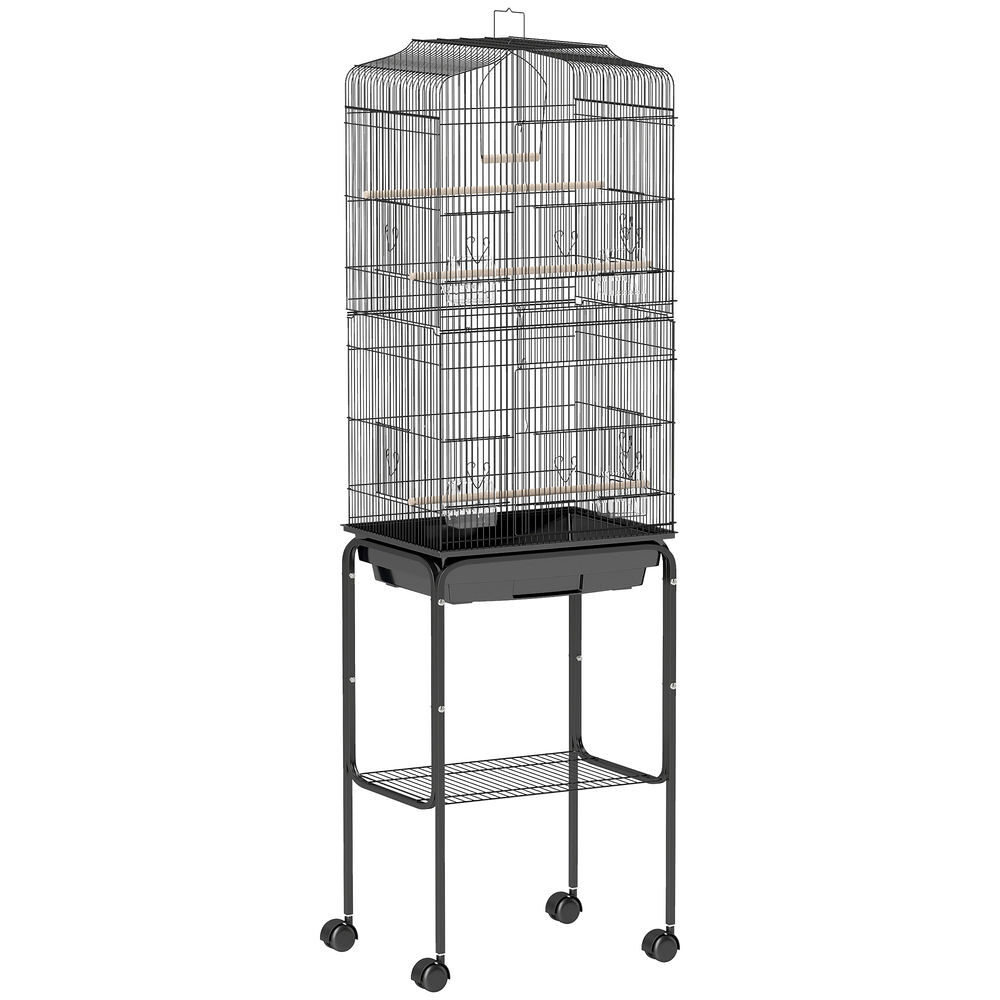 Pawhut jaula para pájaros, jaula grande con ruedas, estante de almacenaje, puertas, 4 comederos, 3 perchas, columpio, bandeja extraíble y asa, para loro, canario, periquito, 46,5x36x157 cm, negro