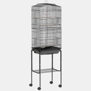 PawHut Gaiola para Pássaros, Gaiola Grande com Rodas, Prateleira de Arrumação, Portas, 4 Comedouros, 3 Poleiros, Baloiço, Bandeja Removível e Pega, para Papagaio, Canário, Periquito, 46,5x36x157 cm, Preto