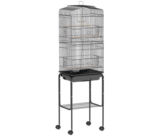 Pawhut jaula para pájaros, jaula grande con ruedas, estante de almacenaje, puertas, 4 comederos, 3 perchas, columpio, bandeja extraíble y asa, para loro, canario, periquito, 46,5x36x157 cm, negro