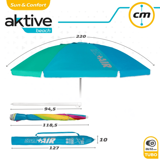 Guarda-sol de 220 cm à prova de vento com proteção UV50 Aktive Beach