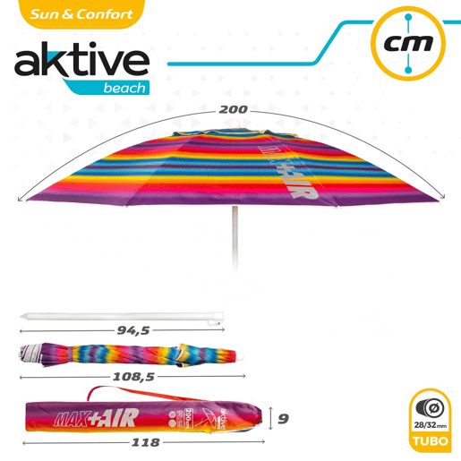 Guarda-sol de praia teto ventilado de 200 cm + proteção UV50 Aktive Beach Guarda-sol de praia teto ventilado de 200 cm + proteção UV50 Aktive Beach