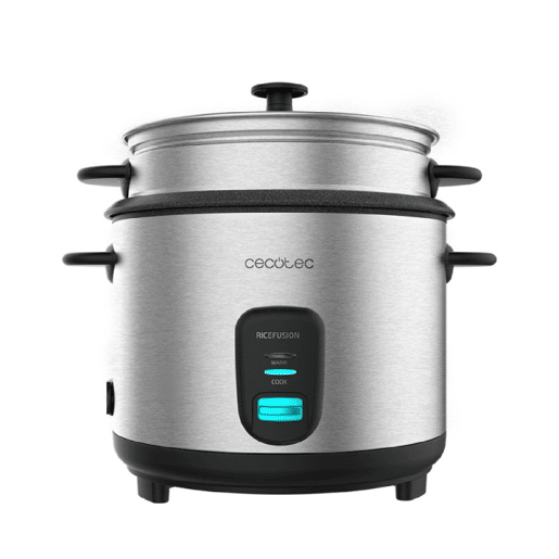 Cecotec Panela para arroz de 1,8 litros de capacidade, 700 W de potência e corpo em aço inoxidável.