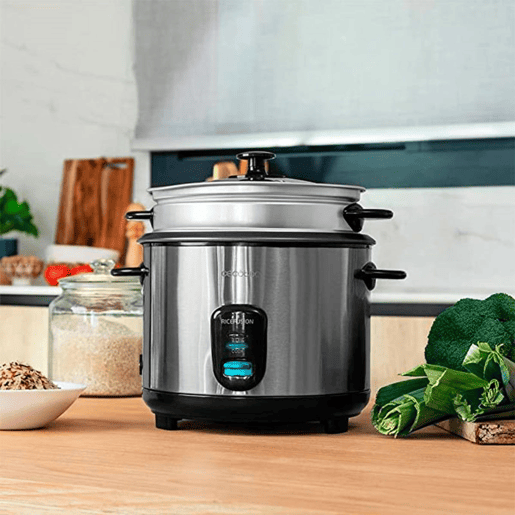 Cecotec Panela para arroz de 1,8 litros de capacidade, 700 W de potência e corpo em aço inoxidável.