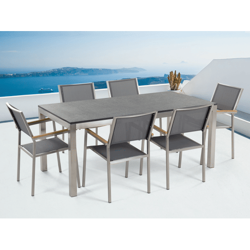 Conjunto de refeições de jardim 6 lugares GROSSETO Granito Flameado PretoCinzento