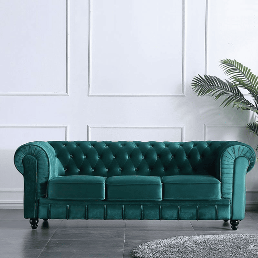 Sofá Chester de 3 lugares em tecido de veludo verde 211 x 75 x 84 cm