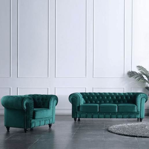 Sofá Chester de 3 lugares em tecido de veludo verde 211 x 75 x 84 cm