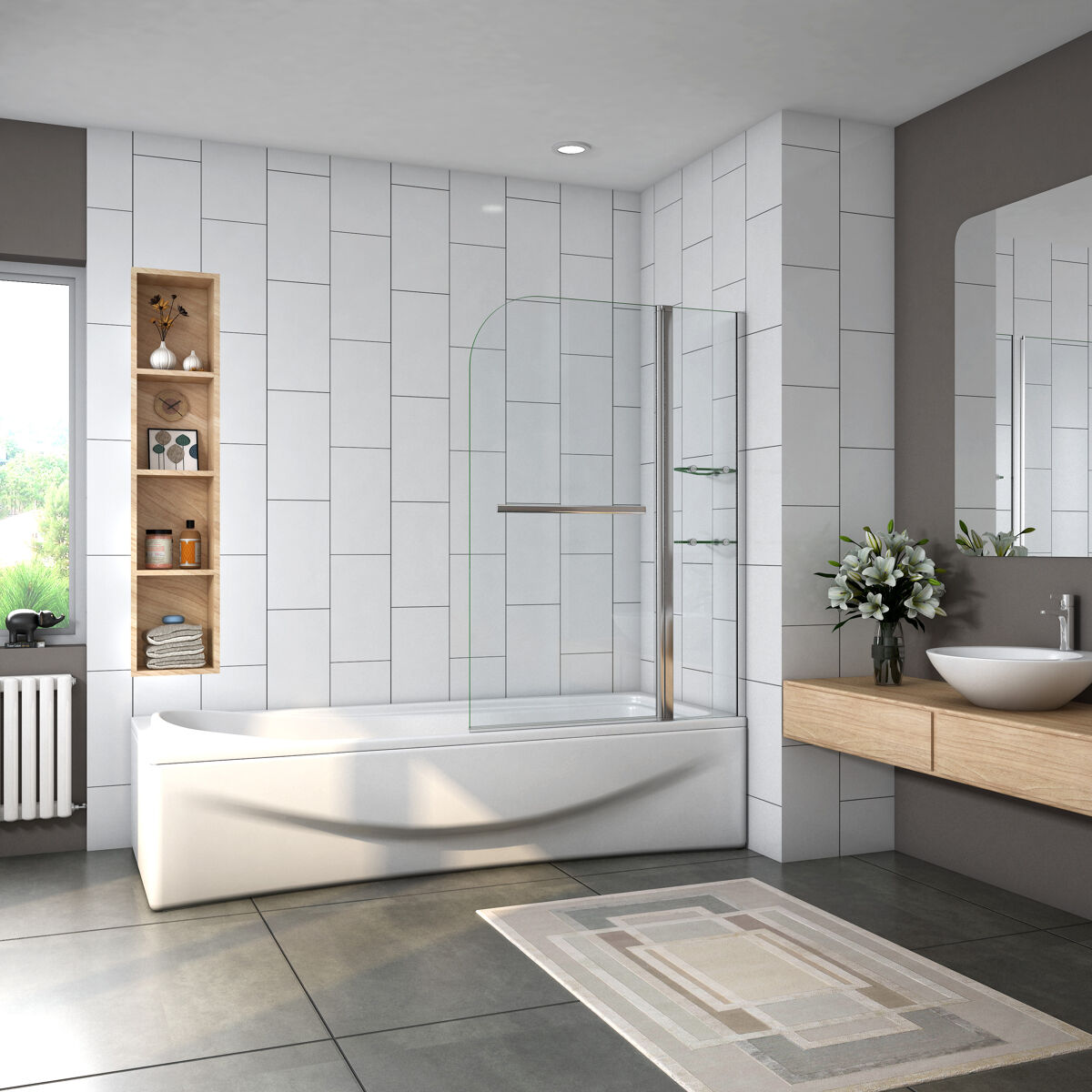 Mampara de bañera abatible giratoria vidrio templado 6 mm con 2 repisas y un toallero,cromado,(99.5-100)x140cm